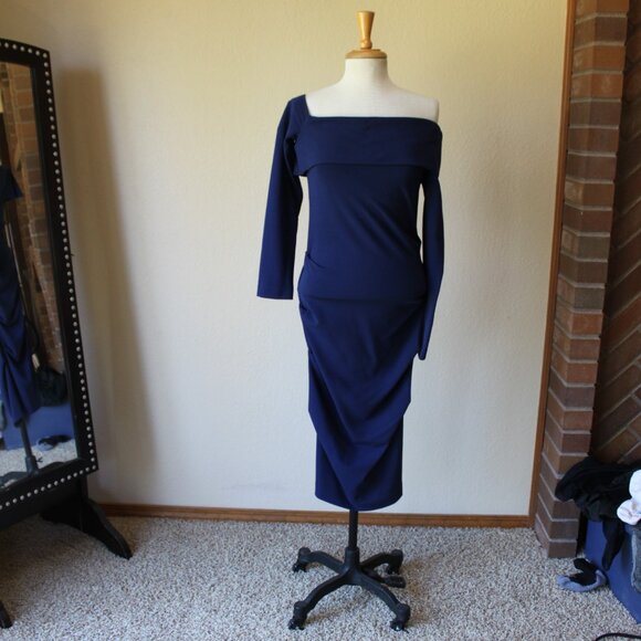 New Nicole Miller Collection Navy Blue one Shoulder Formal Wiggle Dress 10 - Picture 1 of 4